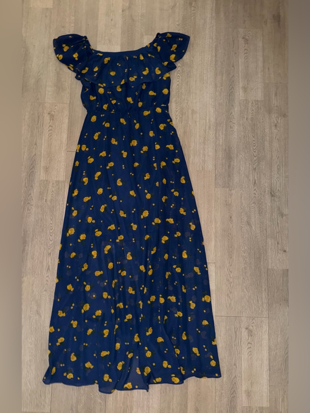 Betsey Johnson Navy Maxi Dress with Yellow Floral Ruffle